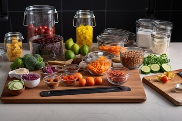 meal prep station with ingredients, equipment, and tools for making delicious and healthy meals, created with generative ai