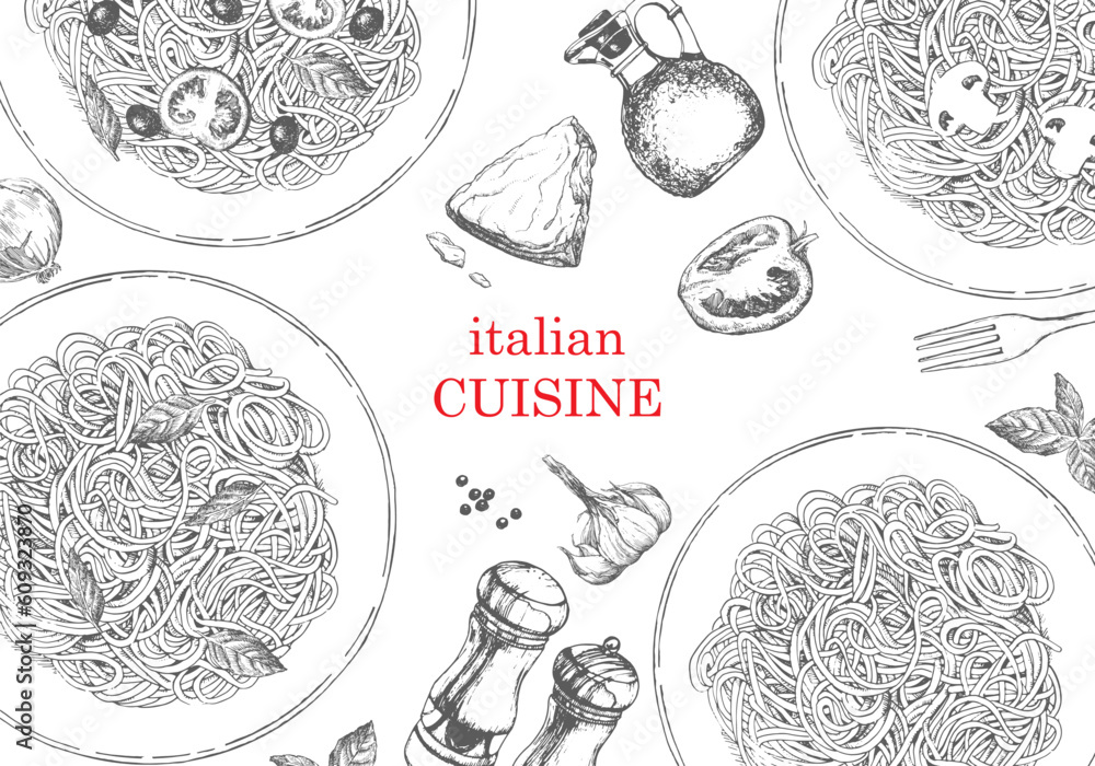 Wall mural traditional italian cuisine. hand-drawn illustration of italian traditional dishes and products. ink