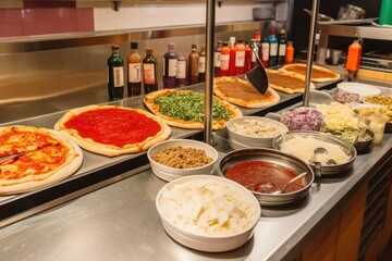 pizza bar, with numerous toppings and sauces for custom pies, created with generative ai