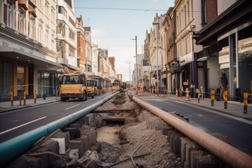 Obraz premium the view of a busy street with pipes being replaced in the background, created with generative ai