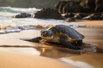 sea turtle climbing out of the water and onto shore to lay eggs, created with generative ai