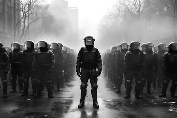Illustration of heavily protected riot police in the streets. Concepts, crowd control, turmoil, rebellion. Created with generative ai - obrazy, fototapety, plakaty