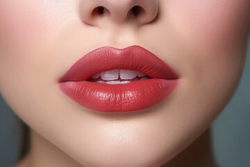 Beautiful female lips with bright red lipstick. Close-up. Created with Generative AI tools