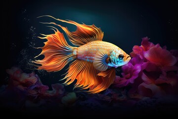 Capture the moving moment of yellow siamese fighting fish isolated on black background. Created with Generative AI tools