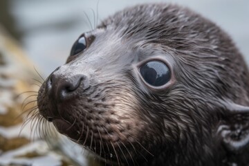 close-up of seal pup's face, with its large eyes and whiskers visible, created with generative ai