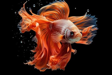 Capture the moving moment of orange siamese fighting fish isolated on black background. Created with Generative AI tools