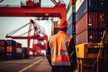 Fototapeta premium Staff Worker Contemplating Operations at the Cargo Crane Shipping Logistic Port. created with Generative AI