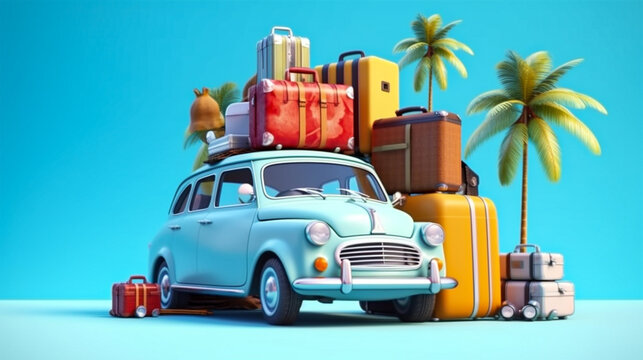 Summer day travel concept with 3D render blue car and beach element accessories. Generative Ai.