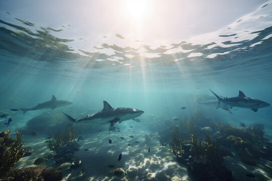 scenic view of sharks and rays swimming in serene ocean setting, created with generative ai