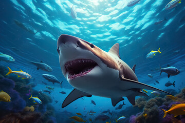 Obraz premium Majestic Encounter A Shark's Graceful Swim in the Ocean's Sunlit Waters. created with Generative AI