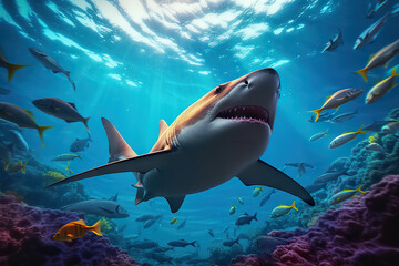 Majestic Encounter A Shark's Graceful Swim in the Ocean's Sunlit Waters. created with Generative AI