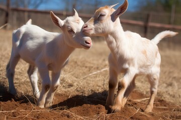 Naklejka na ściany i meble field of tiny goats head-butting each other in the sun, created with generative ai