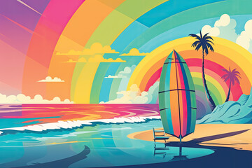 Illustration of a beach with an umbrella and surfboards at sunset