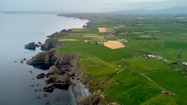 Drone view of Hills of Cooper Coast of Waterford Ireland. Tra na mB? beach. Irish coastline