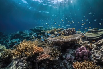 Naklejka na ściany i meble tropical fish swimming in schools, passing by colorful coral reef, created with generative ai