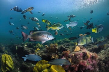 Naklejka na ściany i meble diverse marine life swimming in their natural habitat, created with generative ai