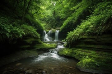 majestic cascading waterfall surrounded by lush green forest, created with generative ai
