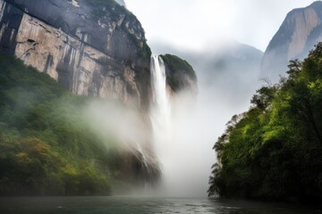 majestic waterfall, with misty spray and rush of water, against majestic mountainscape, created with generative ai