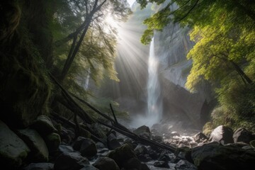 majestic waterfall, with misty spray and sunlight filtering through the trees, created with generative ai