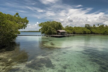 remote island surrounded by a calm and tranquil lagoon, perfect for swimming or snorkeling, created with generative ai