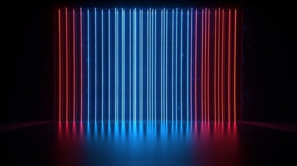 3d render, abstract background with vertical red blue neon lines glowing in the dark, Generative AI