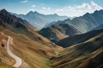 scenic road trip through the mountains, with towering peaks and winding roads, created with generative ai