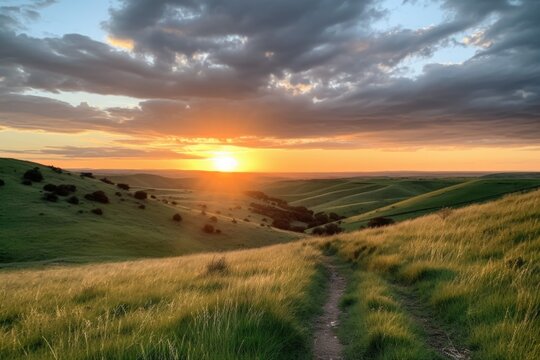 rolling hills with a view of the sunset, with clouds and sky in the background, created with generative ai