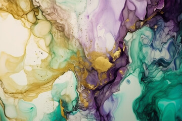 Abstract purple, green, white and gold alcohol ink art background. Generative AI illustration
