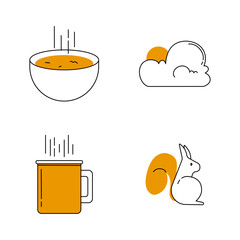 Set of 4 simple icons such as cup of tea, squirrel, sun, cloud, coffee, hot drink