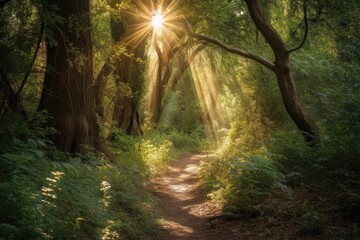 forest scene with sunbeams shining through the trees, illuminating tranquil pathway, created with generative ai