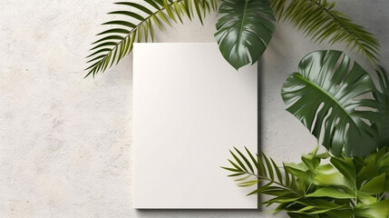 Empty white A4 vertical rectangle poster mockup frame with soft leaves shadows on neutral light grey concrete wall background. Flat lay, top view 3D illustration. Generative Ai. - obrazy, fototapety, plakaty
