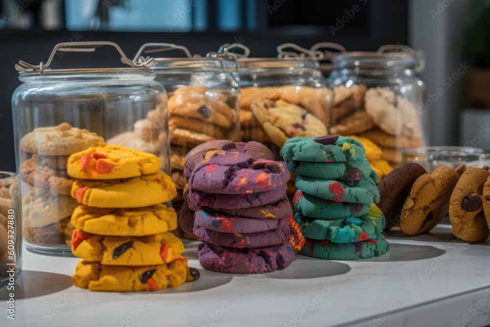 Wall mural display of colorful cookies and biscotti in glass jar, created with generative ai