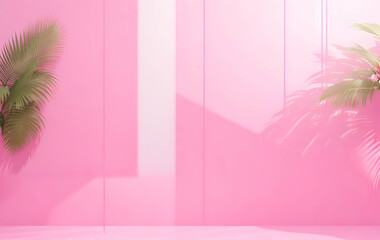 Fototapeta na wymiar Abstract gradient pink studio background for product presentation. Empty room with shadows of window and palm leaves . 3d room with copy space. Summer concert. Blurred backdrop.Generate by AI