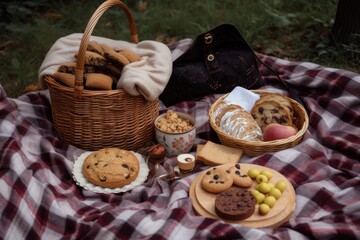 Obraz premium picnic scene with basket, blanket and cookies baked in various shapes and flavors, created with generative ai