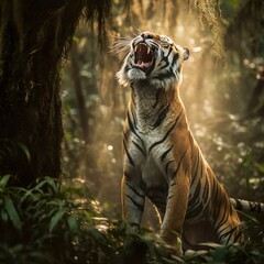 Amazing Bengal tiger in the nature wildlife forest, Tiger in wildlife realistic photography made with generative ai technology