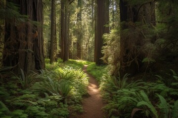 hiking trail winds through mixed forest of tall pines and redwoods, created with generative ai