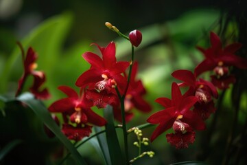 Obraz na płótnie Canvas macros of delicate red orchids against green foliage, created with generative ai