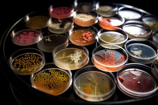 Microbial Cultures In Petri Dish Array, Showing Diversity Of Species, Created With Generative Ai