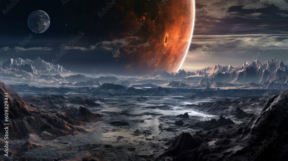 Wall mural panoramic view of the moon out in the space. generative ai.