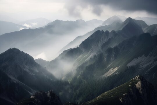 majestic mountain range, with peaks shrouded in mist and clouds, created with generative ai
