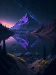 Fototapeta na wymiar Highland lake in the night. AI generated illustration