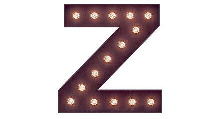 Light bulb glowing letter alphabet character Z font. Front view illuminated capital symbol on black background. 3d rendering illustration