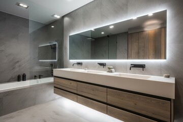 a sleek and modern bathroom, with led lighting that highlights the unique features of the space, created with generative ai