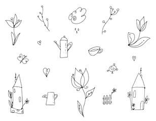 Vector set - simple outline hearts, herbs, branches, clouds, butterfly. Black lines doodles.