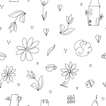 Seamless vector pattern - simple outline hearts, herbs, branches, clouds, butterfly. Black lines doodles.