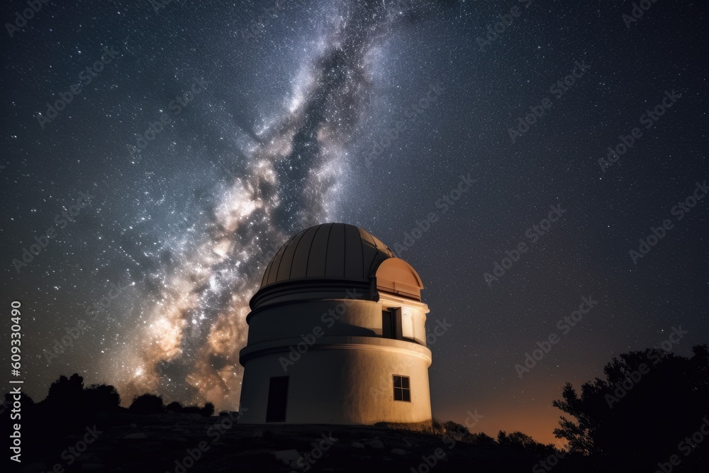 Wall mural view of observatory with telescope and dome visible in the night sky, created with generative ai