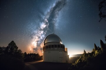 view of observatory at night, with bright stars shining in the sky, created with generative ai