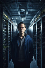 Fototapeta premium portrait of male engineer in data storage center for databases and information technology systems with servers. Generative AI