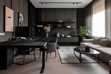 sober and minimalist office with sleek furniture, neutral colors, and clutter-free spaces, created with generative ai
