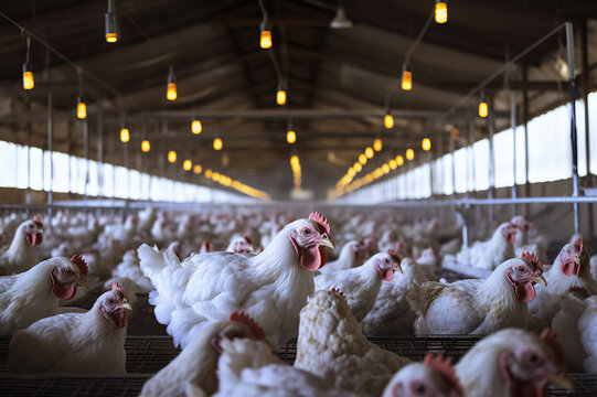 Chickens roaming freely in a modern poultry farm agricultural facility livestock environment indoor perspective